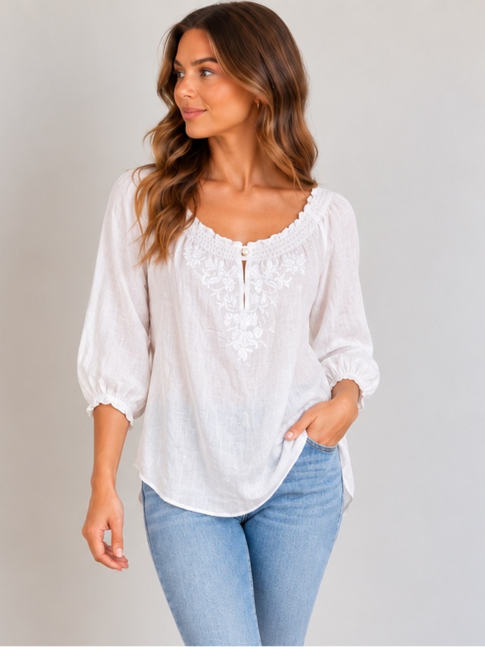 Lauren Ralph Lauren Linen White Peasant Top Tunic Embroidered Smocked Neck XL